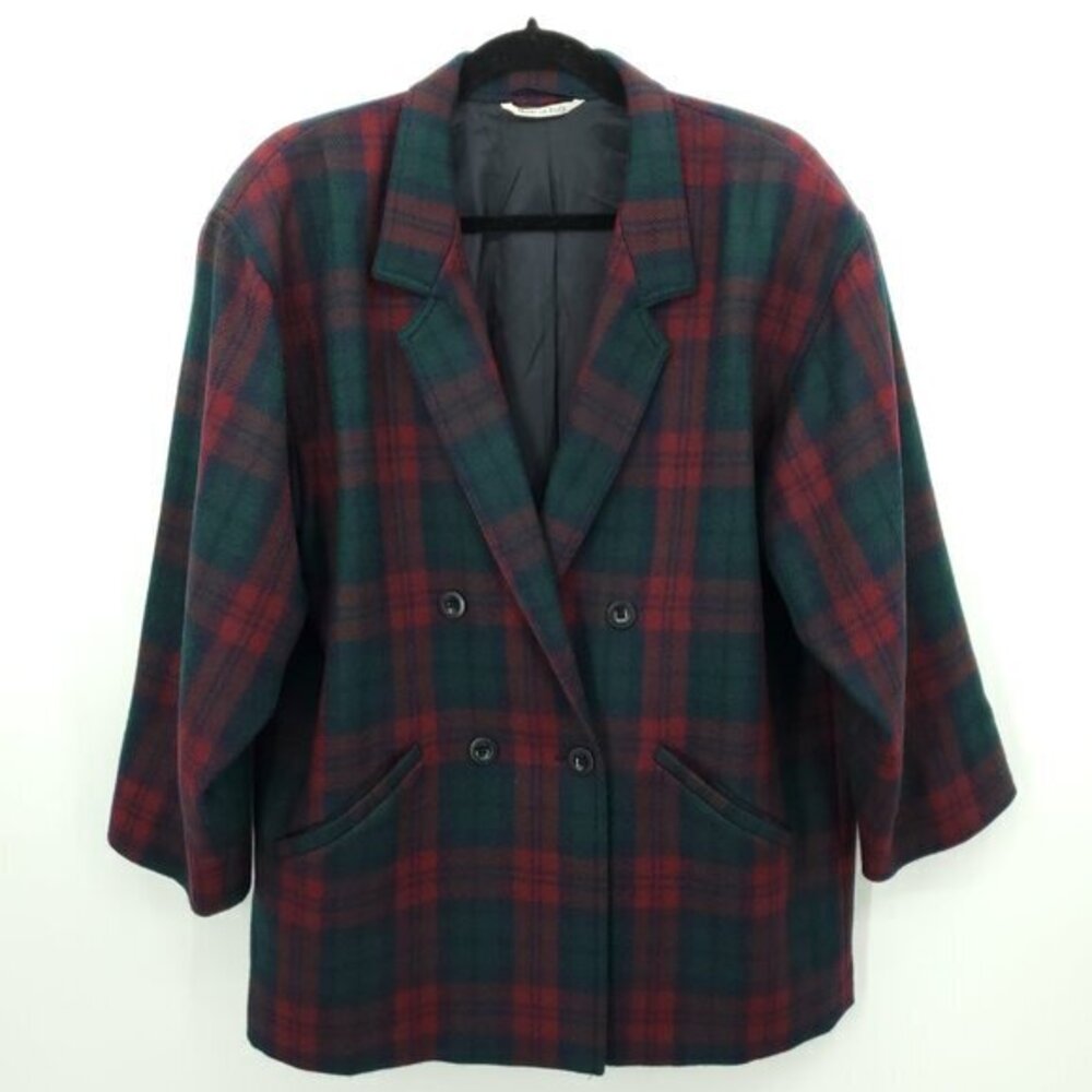 MaxMara 100% Wool Double Breasted Plaid Blazer 10 Red/Green